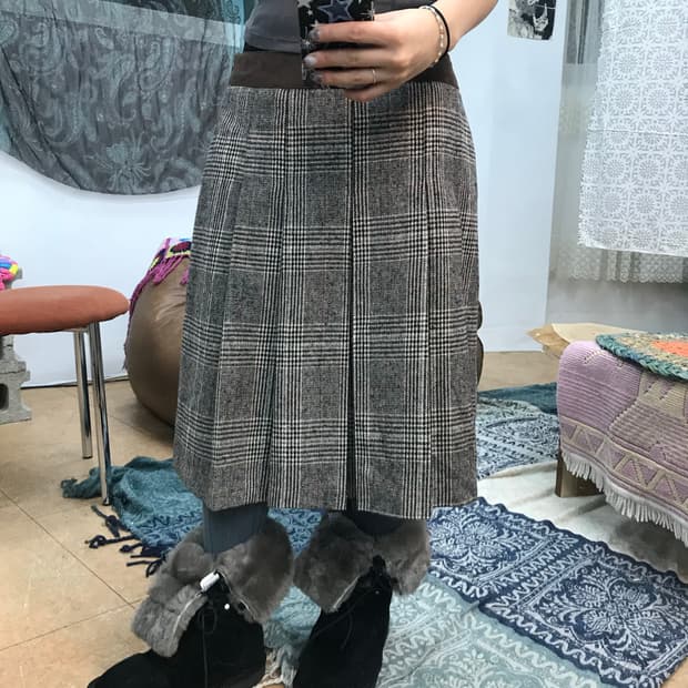 빈티지 여성 체크 모직 미디스커트 