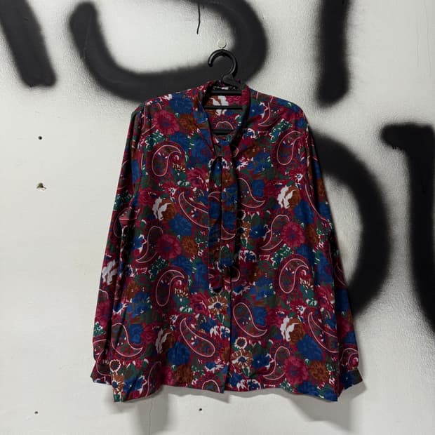 VTG 빈티지 페이즐리 플라워 패턴 차이나카라 셔츠 블라우스