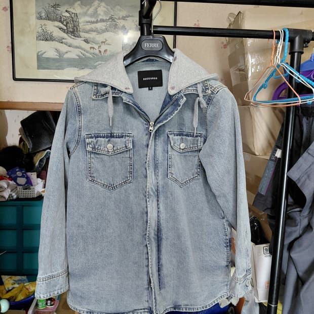 [버커루]남녀공용 오버핏 데님 후드 셔켓 S사이즈