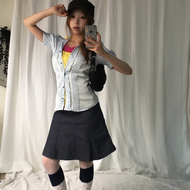 빈티지 레몬 핑크 캔디걸 데님 복고 y2k 코디세트