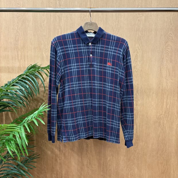 버버리 런던 코튼 PK 긴팔 티셔츠 체크 패턴 로고 자수 디테일 네이비
