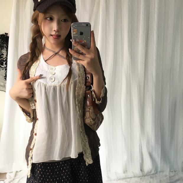 빈티지 브라운 왕단추 도트 니혼진 레이스 너드 코디세트