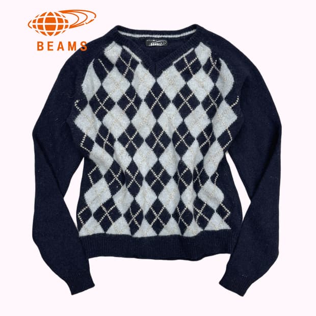 BEAMS navy wool argyle knit