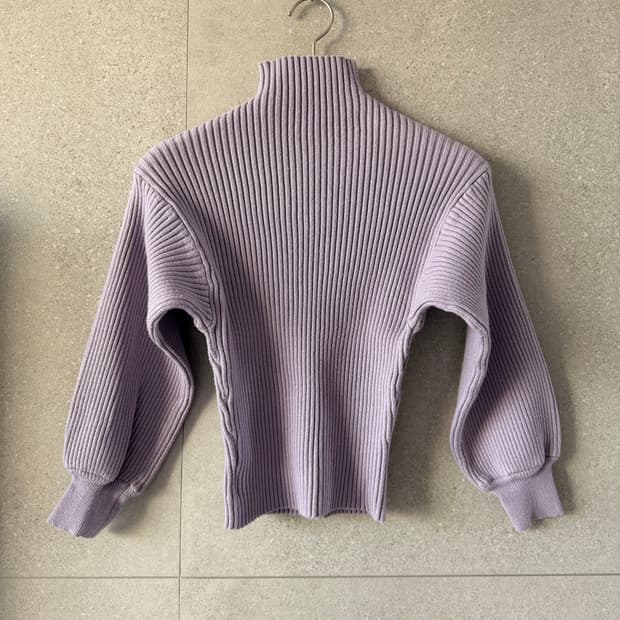 퍼플 크롭 반목 골지 니트 8부소매 티셔츠