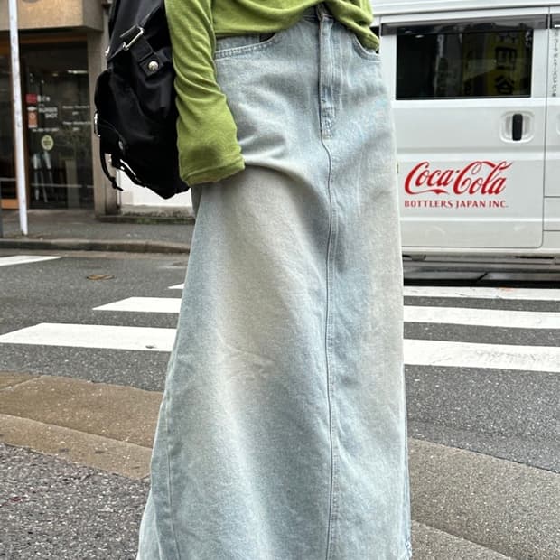 데일리쥬- 데모스 워싱 데님 롱 스커트(연청)