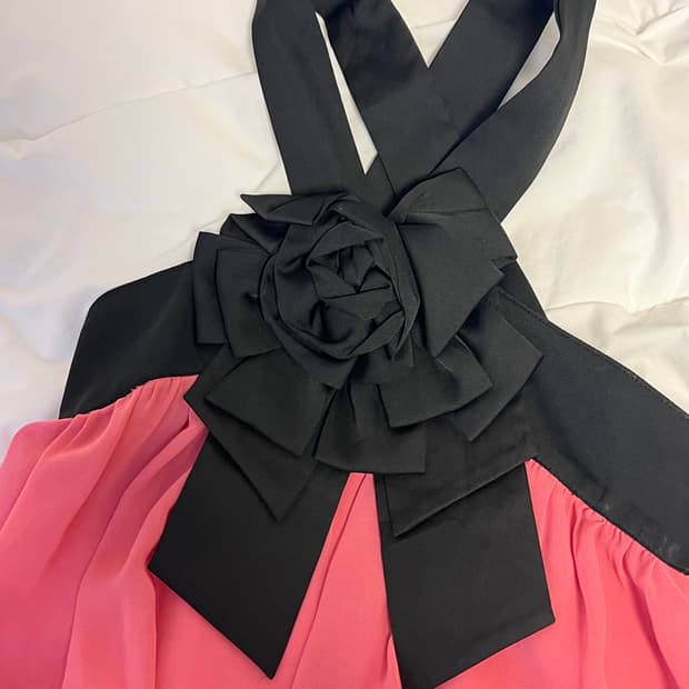 빈티지 로즈 블랙 핑크 크로스 홀터 미니 원피스 