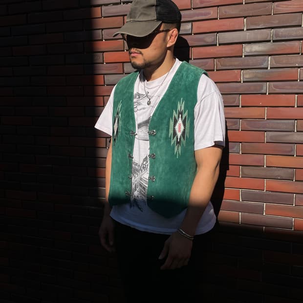 Vintage Aztec pattern suede green vest
