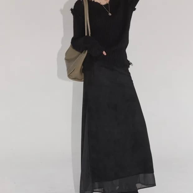 커먼유니크 레이어드 슬릿 롱스커트 스웨이드 블랙 s 긱시크