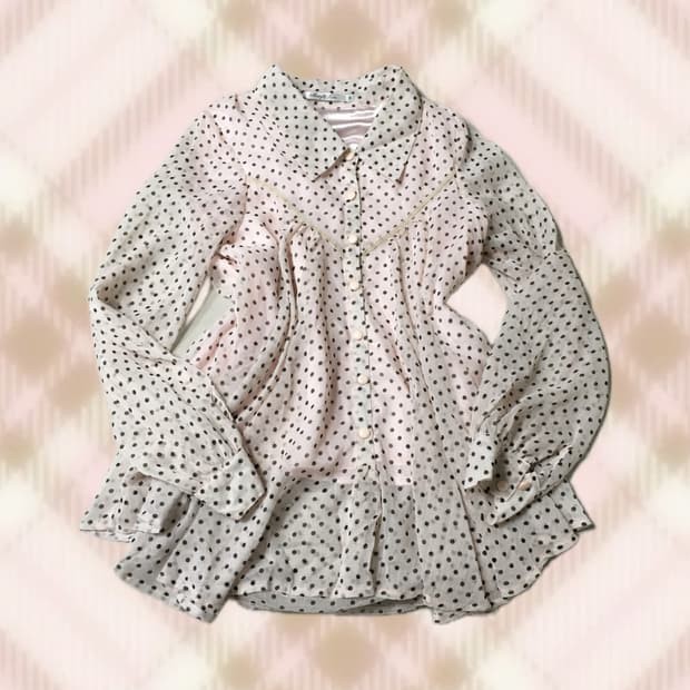 핑크 땡땡이 도트 셔츠 블라우스 라떼 히메 갸루 러블리 로걀 빈티지