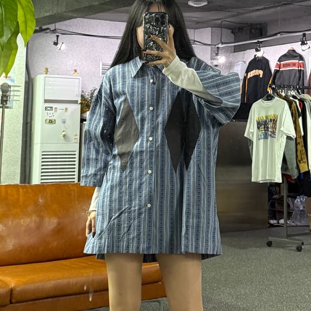 아가일 패턴 스트라이프 반팔 셔츠 블루 B4682