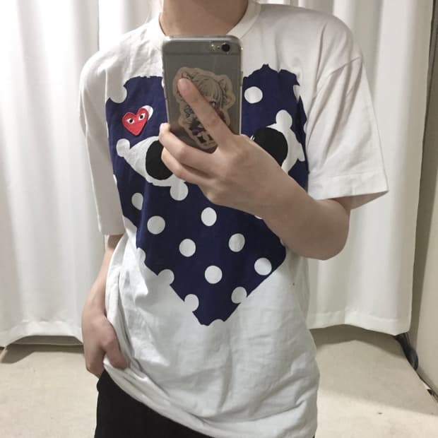 꼼데가르송 화이트 폴카 닷 네이비 빅 하트 도트 땡땡이 반팔