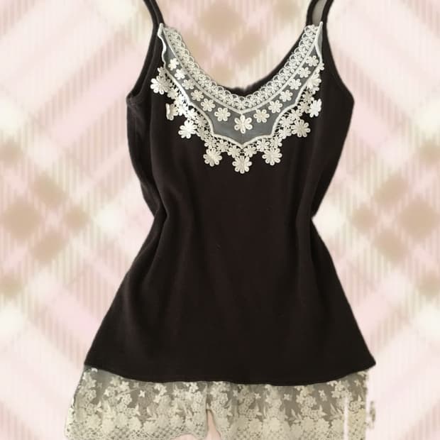 초코 브라운 레이스 펀칭 슬리브리스 나시 라떼 히메 갸루 러블리 모리