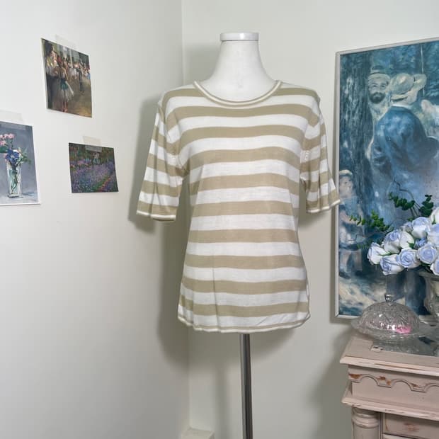 pink ivory neck beads knit top(size-L)