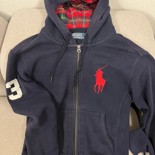 폴로 빅포니 체크 후드집업 네이비 M