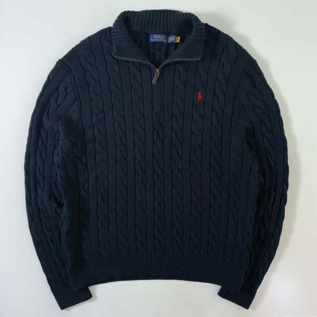 Polo  폴로 랄프로렌 자수 코튼 네이비 꽈배기 반집업 니트 