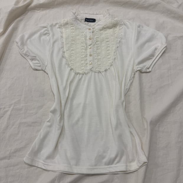 아이보리 공겜여주 러블리 긱시크 반팔 블라우스 탑