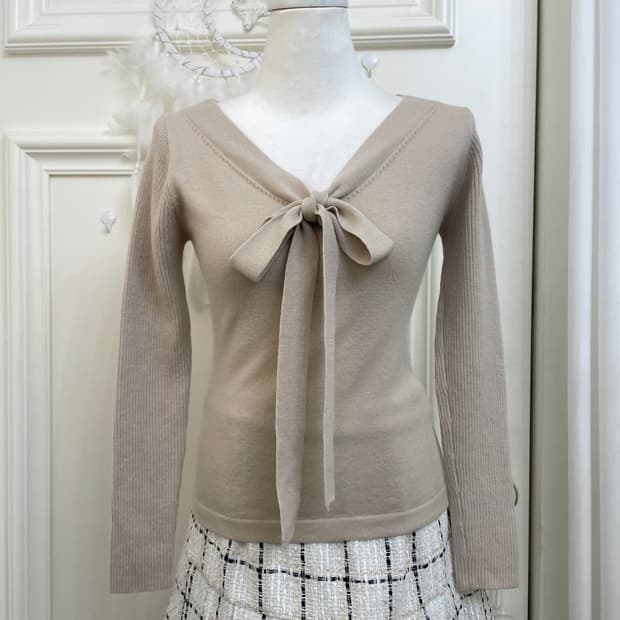 beige bow sleeve rib knit top(size-M)