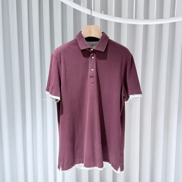 XL / 브루넬로쿠치넬리 슬림핏 레이어드 버건디 반팔 카라티셔츠