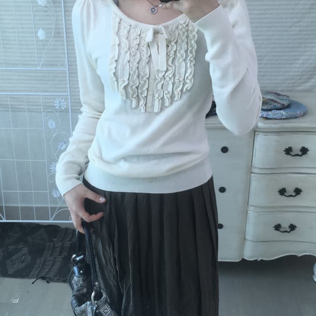일본빈티지 아이보리 리본 프릴 니트