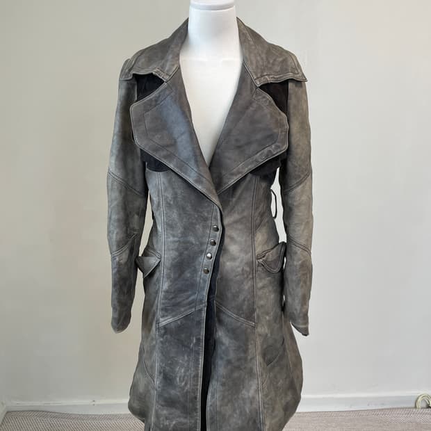 빈티지 그레이 워시드 레더 롱 트렌치 양가죽 코트 J03917