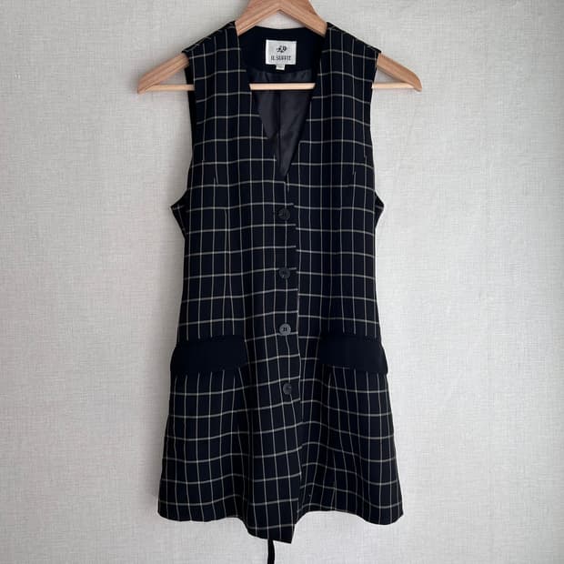 Vintage Black Check Long Vest