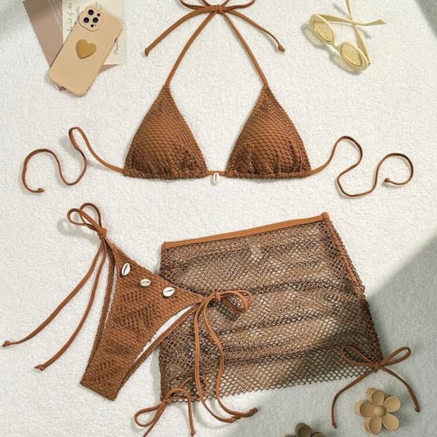 새상품) 3pcs 브라운 매쉬 비키니 커버업 세트
