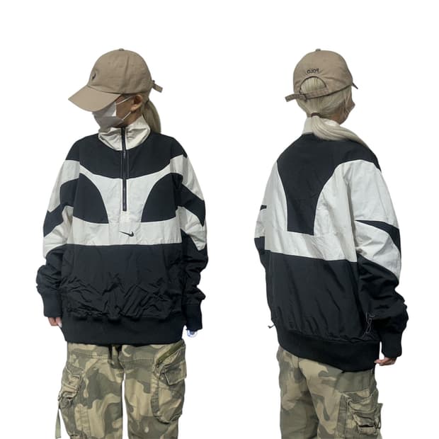 나이키 블랙 화이트 올드스쿨 오버핏 아노락 바람막이 자켓 