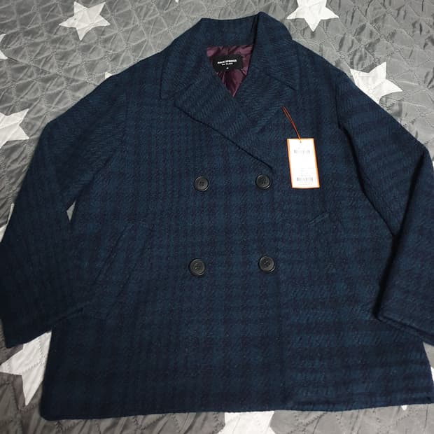 (새상품) 팜스프링스 블랙 클래식 거위털 울혼방 투버튼 미디 코트 (M)