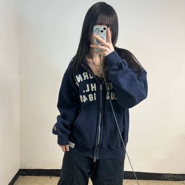 WHO A U navy two-way hoodie zip-up