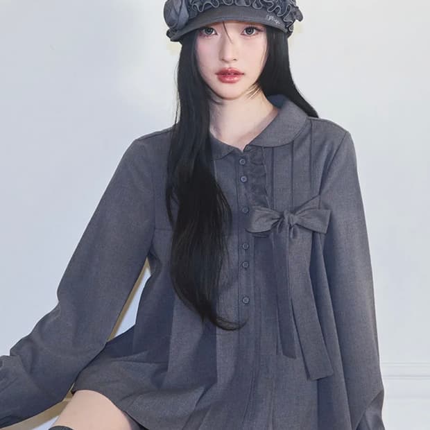 리본 플리츠 블라우스 그레이