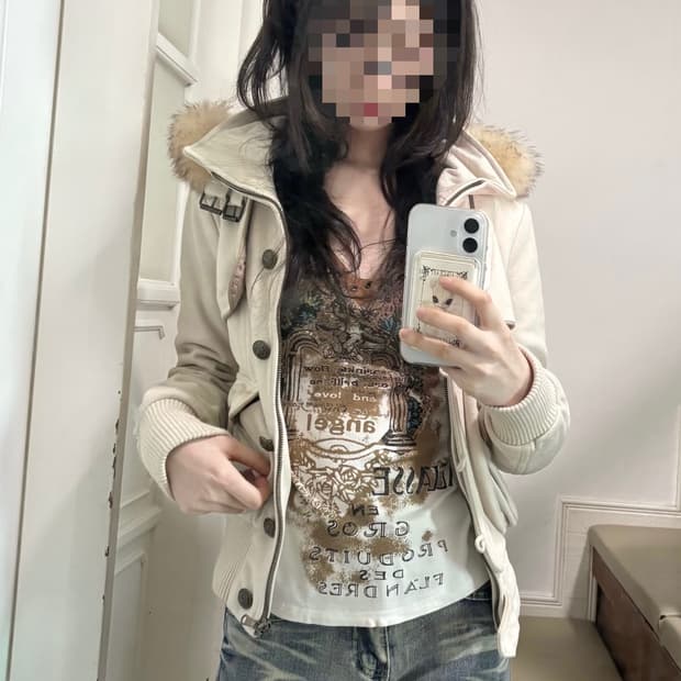 Y2k 아이보리 퍼 후드 점퍼