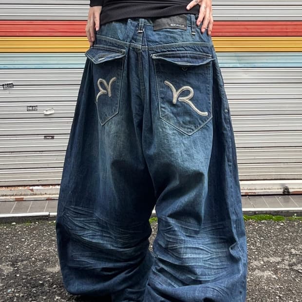  90s ROCA WEAR 백포켓 디테일 워싱 데님와이드 벌룬팬츠