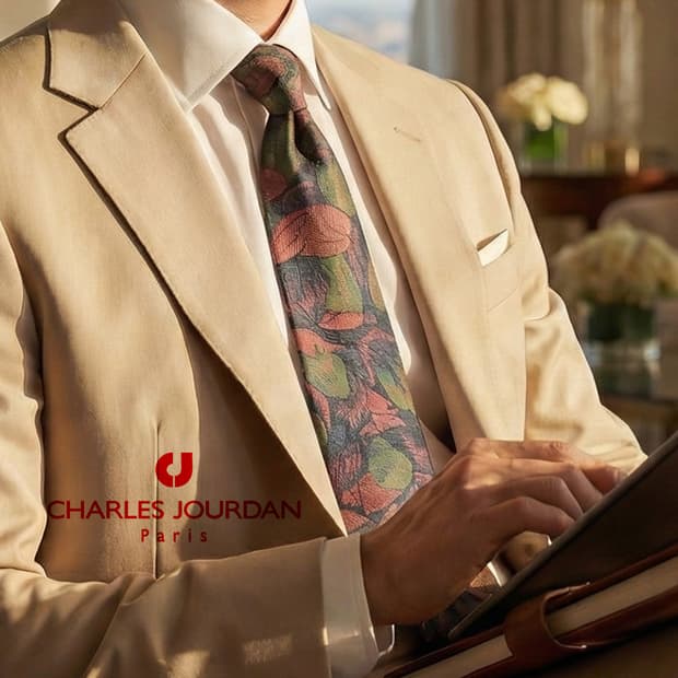 샤를 주르당 실크 다크그린 플로럴 넥타이 9.6cm A등급 A19292
