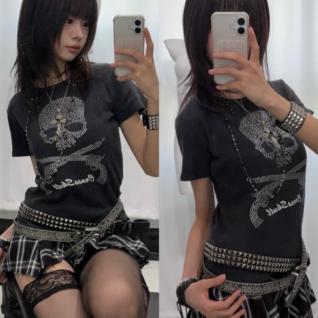🎸블랙 스컬 비즈 디테일 티셔츠🎸