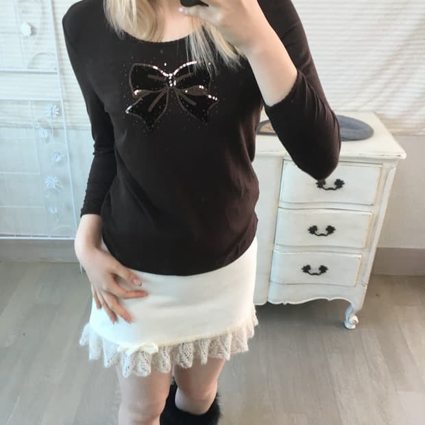 jpn vintage 벨루아 리본 비즈 티셔츠