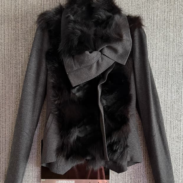 모그 리얼 폭스 퍼 여우털 100% 그레이 울 혼방 피티드 자켓 블레이저