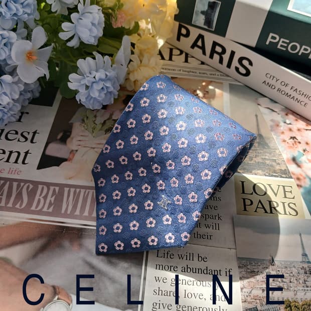 셀린느 실크 블루 플라워 자수 넥타이 9cm B등급 E908