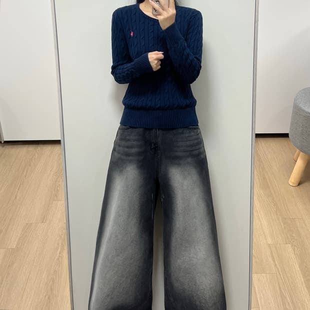 폴로 랄프로렌 핑크 포니 네이비 꽈배기 케이블 니트