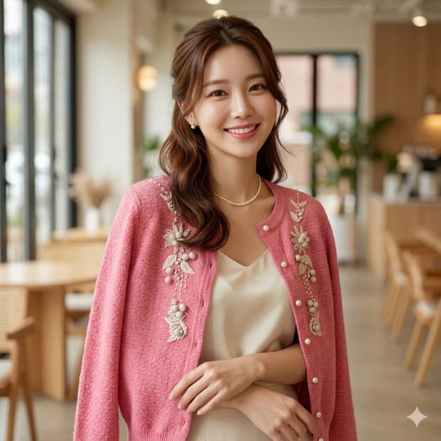 기비 GIVY 핑크 플라워 자수 가디건 | 입체 자수 진주버튼 니트