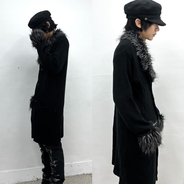 Fur trimmed long knit cardigan  