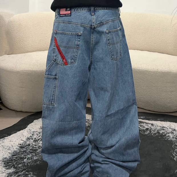 90s vintage 레드 포인트 와이드 데님 카고 팬츠 