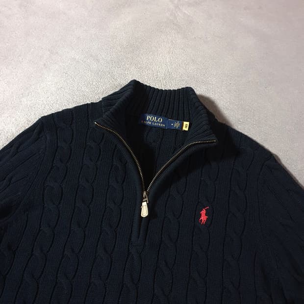 폴로 여성 코튼 케이블 반집업 니트 M 다크네이비
