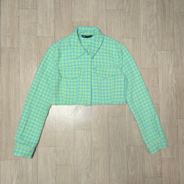 자라 하운드체크 라임 블루 크롭 숏 자켓