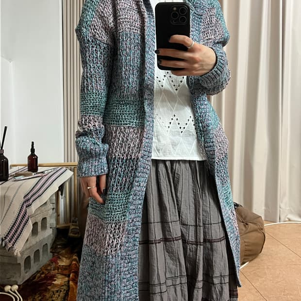 갭 여성 그물 니트 오픈 후드 롱 가디건 