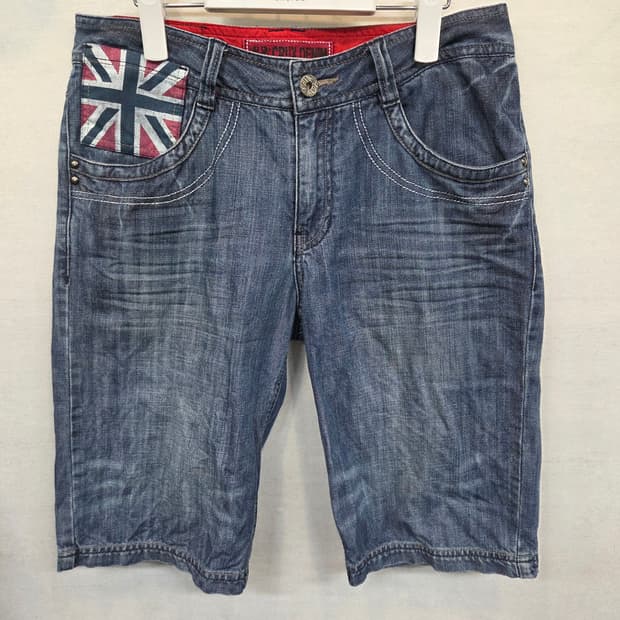 빈티지 크럭스 데님 y2k 영국국기 로고 데님반바지 30