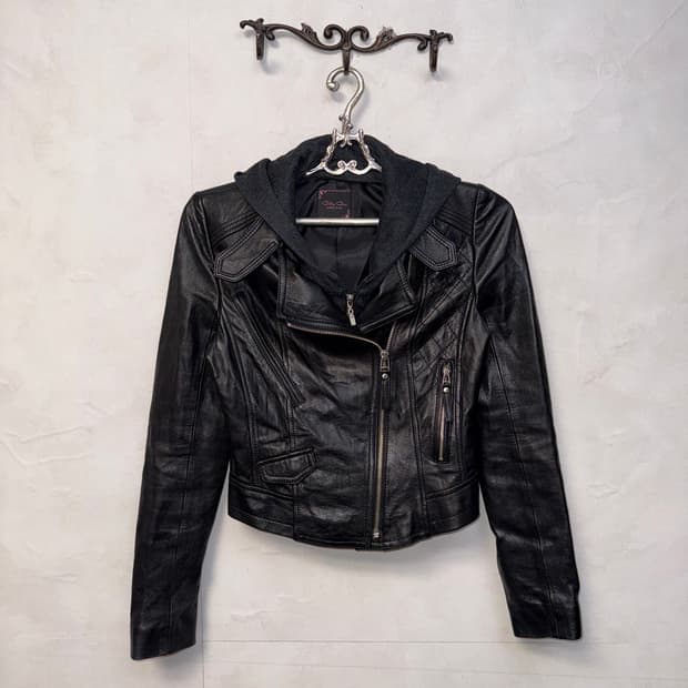 Black lamb skin hood rider jacket