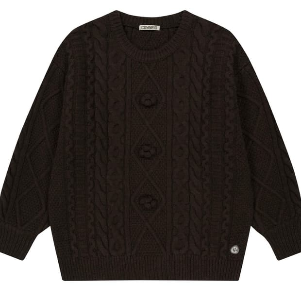 COYSEIO POMPOM CABLE KNIT BROWN