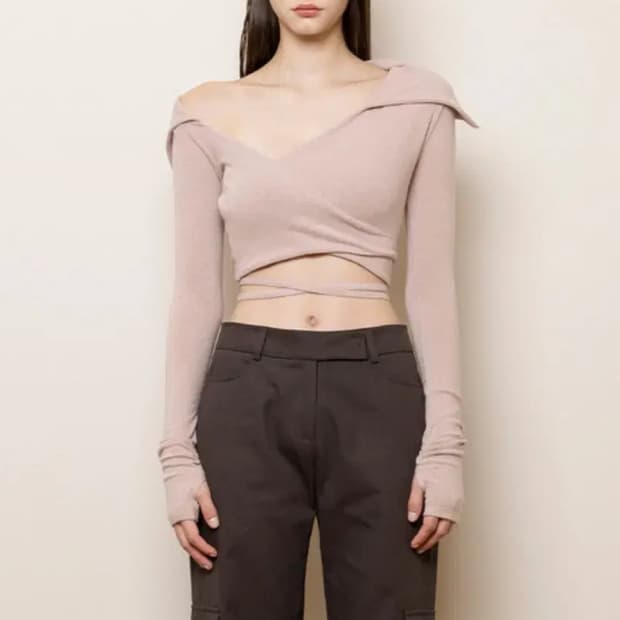 [낫유어로즈 제니 랩 티셔츠] 롱슬리브 탑 핑거홀 오프숄더 니트 발레코어