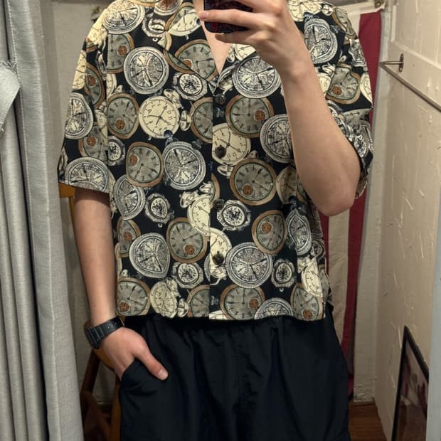 JPN VINTAGE 앤틱 클락 오버핏 크롭 반팔 셔츠