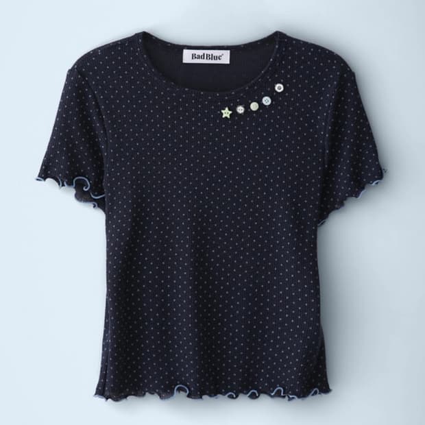 배드블루 반팔 Sheer Dot Buttons Baby Tee Navy